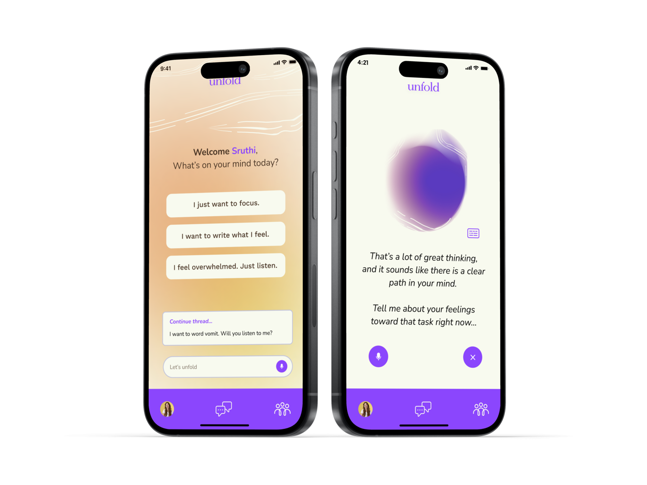 Three Unfold app screens showing a conversation, a set of suggested next steps, and a reflection view.